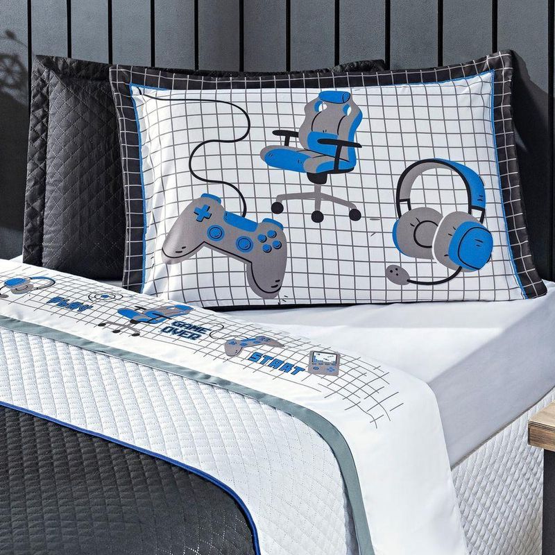 Jogo De Cama Lençol Solteiro Game Streamer Branco/azul Com Fronha E Virol Estampados 03 Peças - Percal 200 Fios