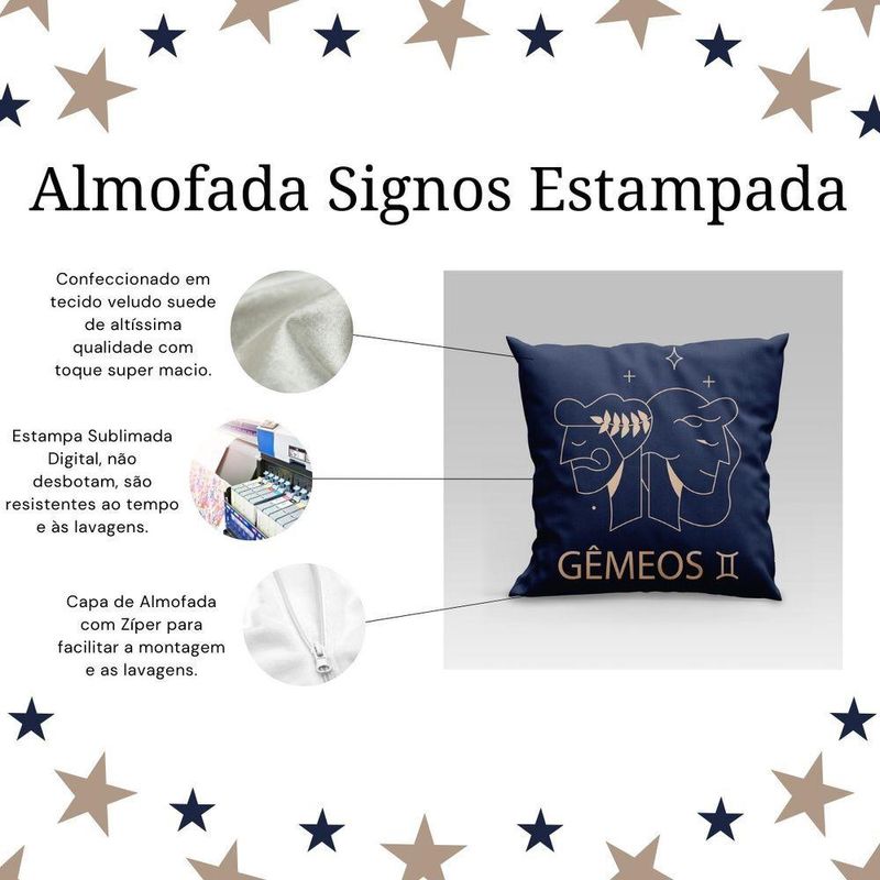 Capa De Almofada Estampada Signos Do Zodíaco Em Veludo Suede 45cm X 45cm - Decoração Astrologia Horóscopo Cor Gêmeos