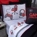 Jogo De Cama Lençol Solteiro Game Streamer Branco/vermelho Com Fronha E Virol Estampados 03 Peças - Percal 200 Fios