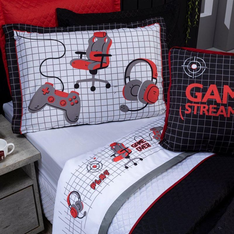 Jogo De Cama Lençol Solteiro Game Streamer Branco/vermelho Com Fronha E Virol Estampados 03 Peças - Percal 200 Fios