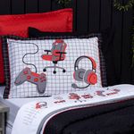 Jogo De Cama Lençol Solteiro Game Streamer Branco/vermelho Com Fronha E Virol Estampados 03 Peças - Percal 200 Fios
