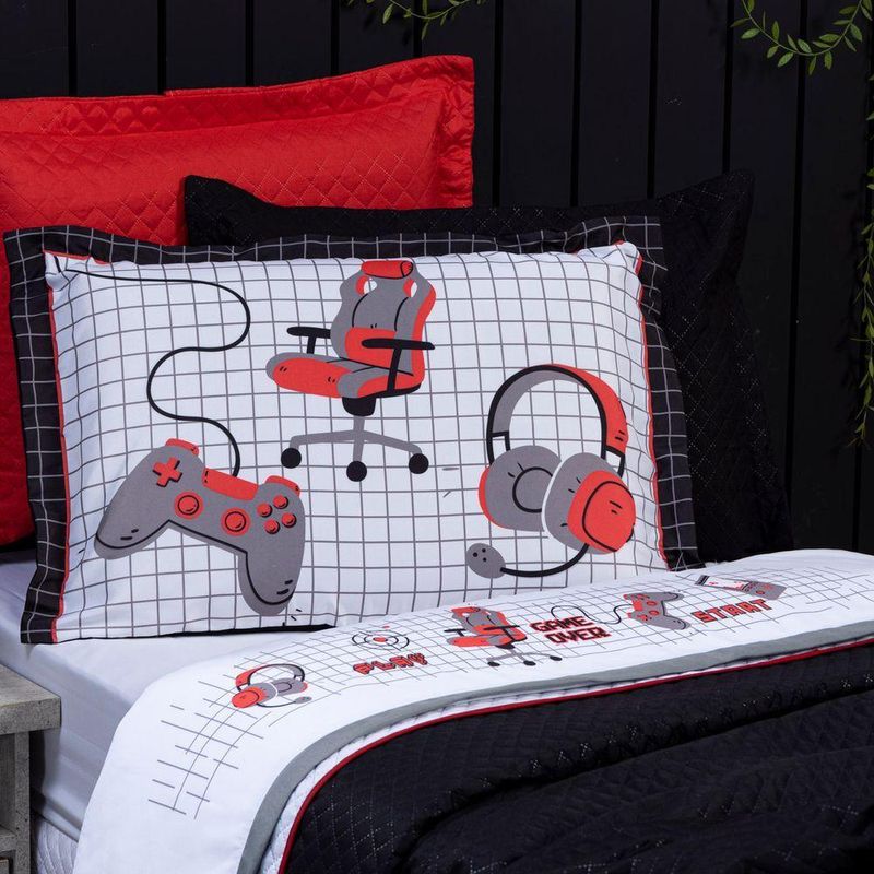 Jogo De Cama Lençol Solteiro Game Streamer Branco/vermelho Com Fronha E Virol Estampados 03 Peças - Percal 200 Fios