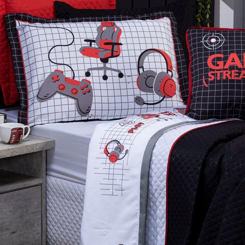 Jogo De Cama Lençol Solteiro Game Streamer Branco/vermelho Com Fronha E Virol Estampados 03 Peças - Percal 200 Fios