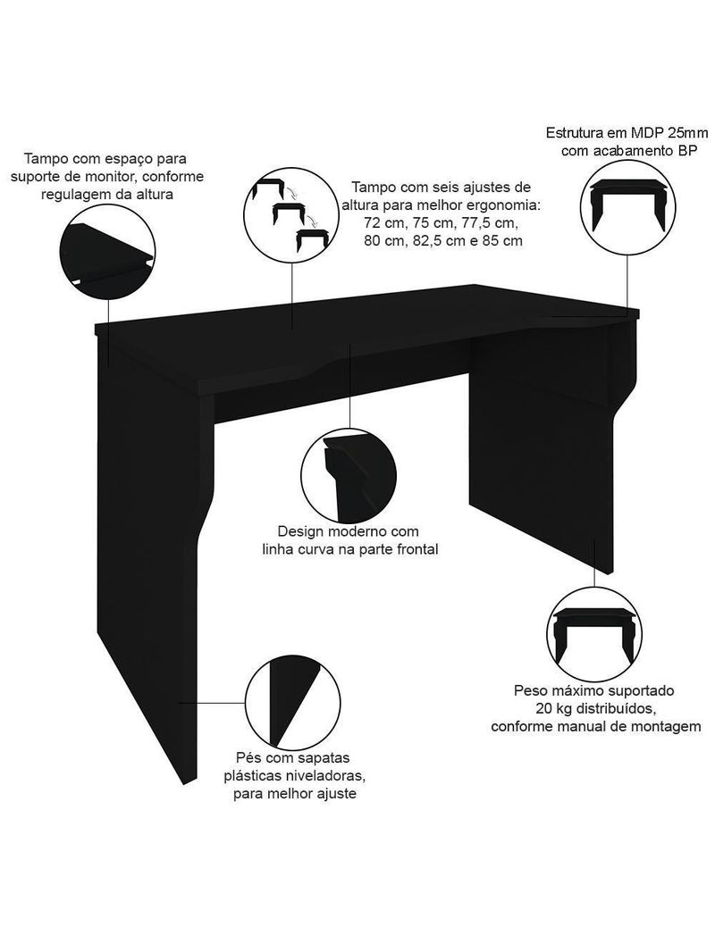 Mesa Para Pc Gamer Com Regulagem De Altura Sirion A02 Preto - Lyam Decor