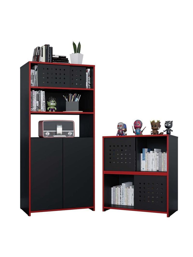 Kit Armário Alto Baixo Gamer Escritório Pixel Preto Caemmun