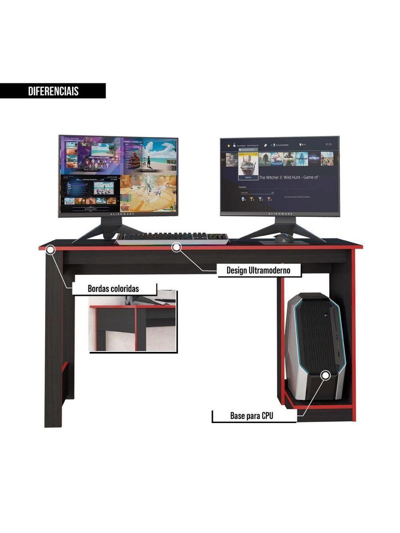 Mesa Gamer Computador Escrivaninha Preta Vermelha Caemmun
