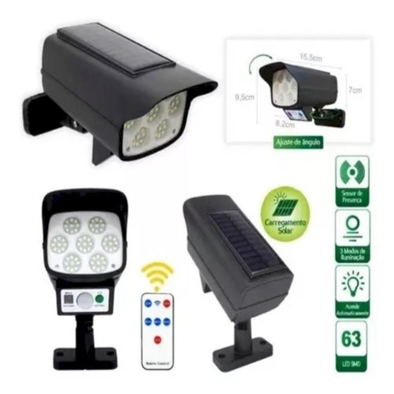 Refletor Luminaria Solar 63 Leds Sensor Presença Controle Remoto Automatica Sem Fio