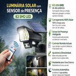 Refletor Luminaria Solar 63 Leds Sensor Presença Controle Remoto Automatica Sem Fio