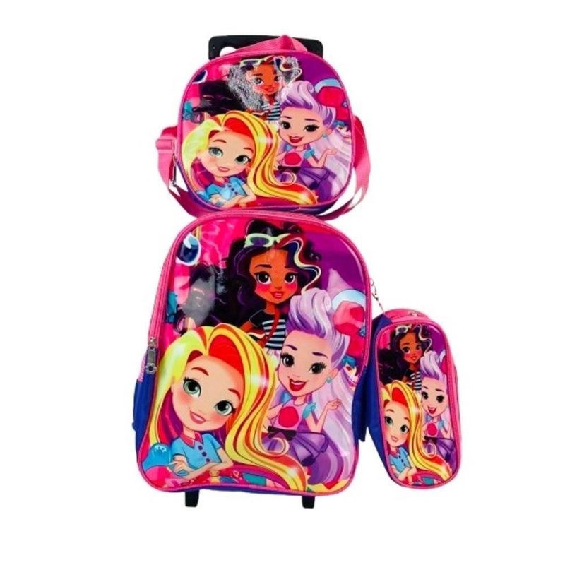 Conjunto Mochila Rodinhas Lancheira Estojo Princesas