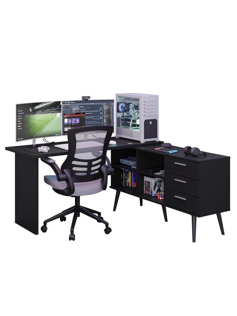Mesa Para Computador Gamer Em L 3 Gavetas Preto Lisboa Madesa Preto