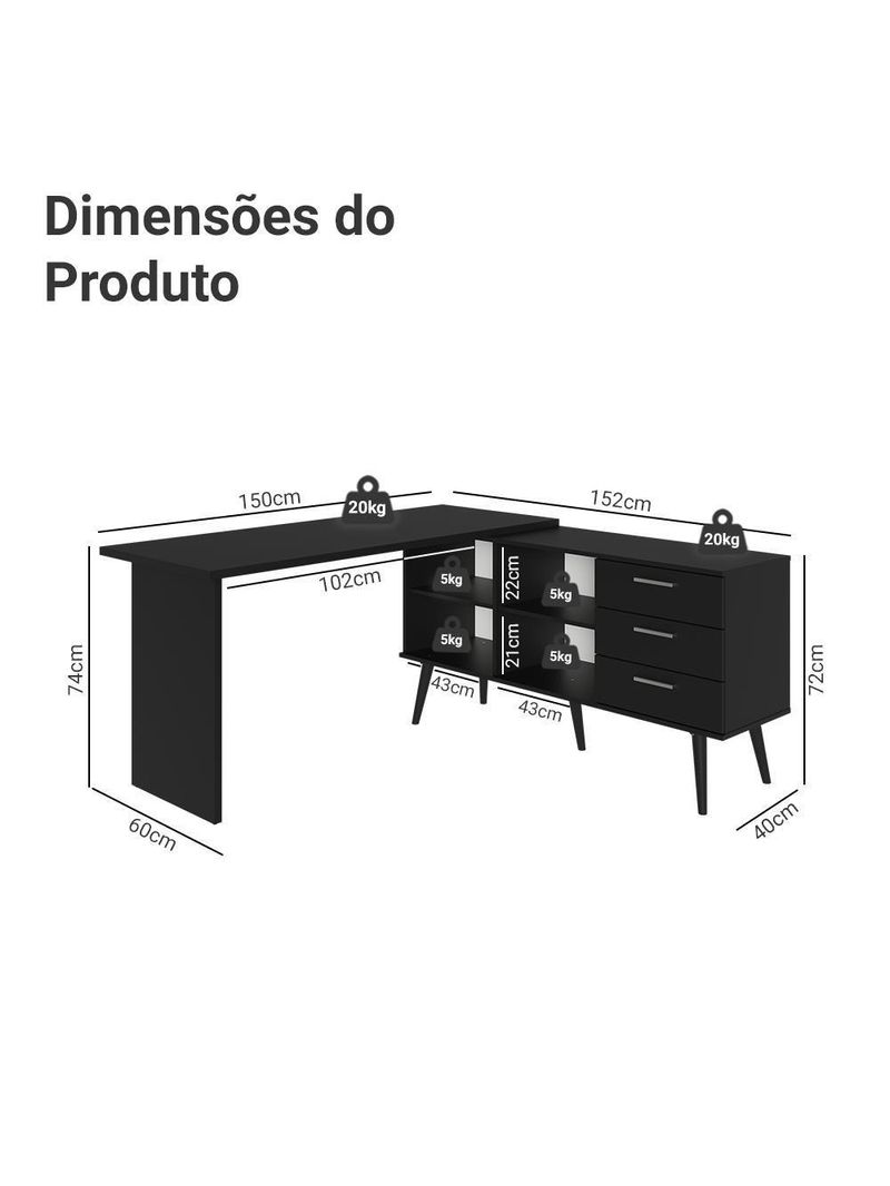 Mesa Para Computador Gamer Em L 3 Gavetas Preto Lisboa Madesa Preto
