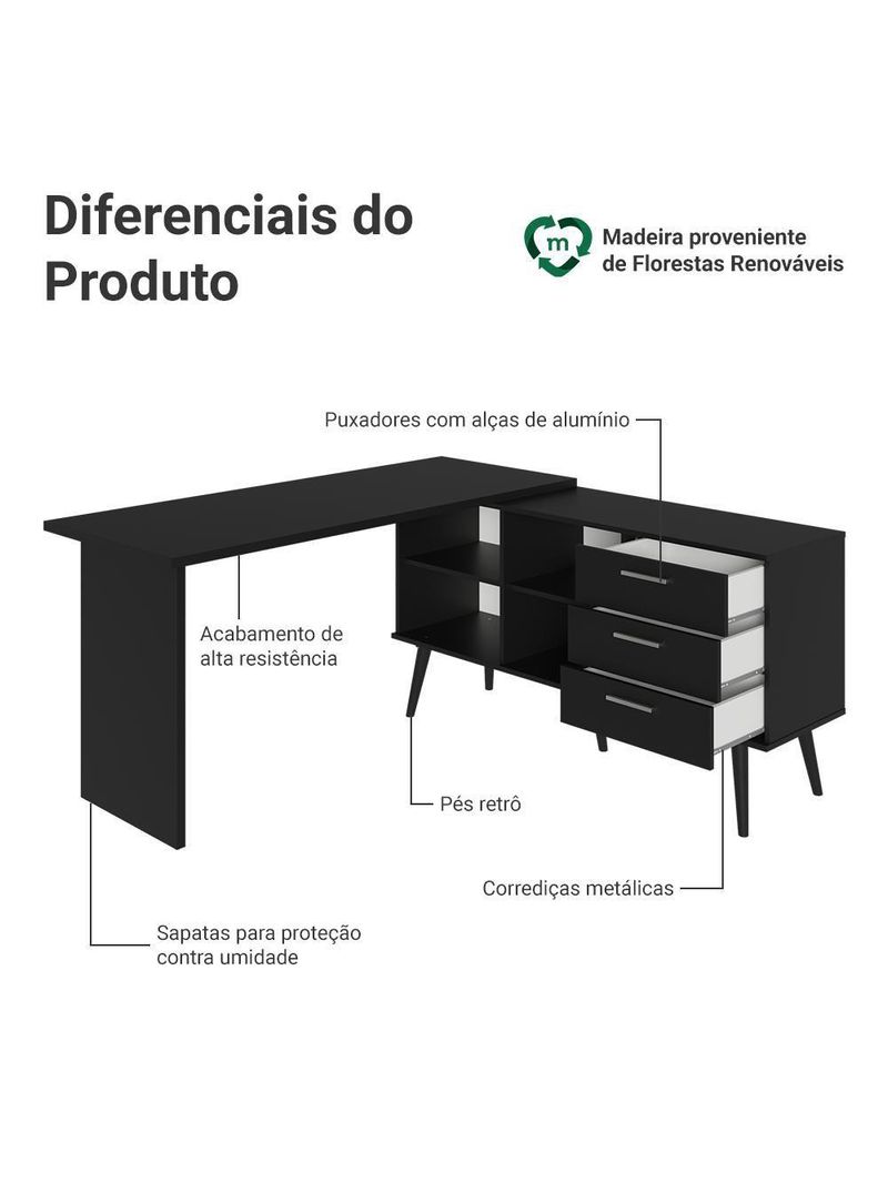 Mesa Para Computador Gamer Em L 3 Gavetas Preto Lisboa Madesa Preto
