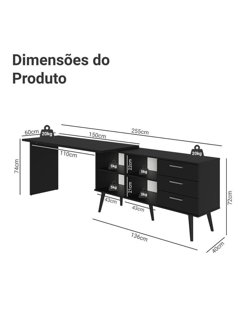 Mesa Para Computador Gamer Em L 3 Gavetas Preto Lisboa Madesa Preto