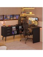 Escrivaninha Em L Mesa Para Computador Gamer 3 Gavetas Preto Lisboa Madesa