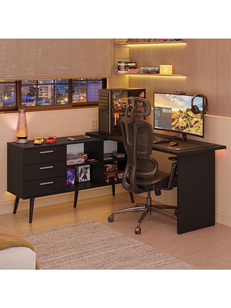 Escrivaninha Em L Mesa Para Computador Gamer 3 Gavetas Preto Lisboa Madesa