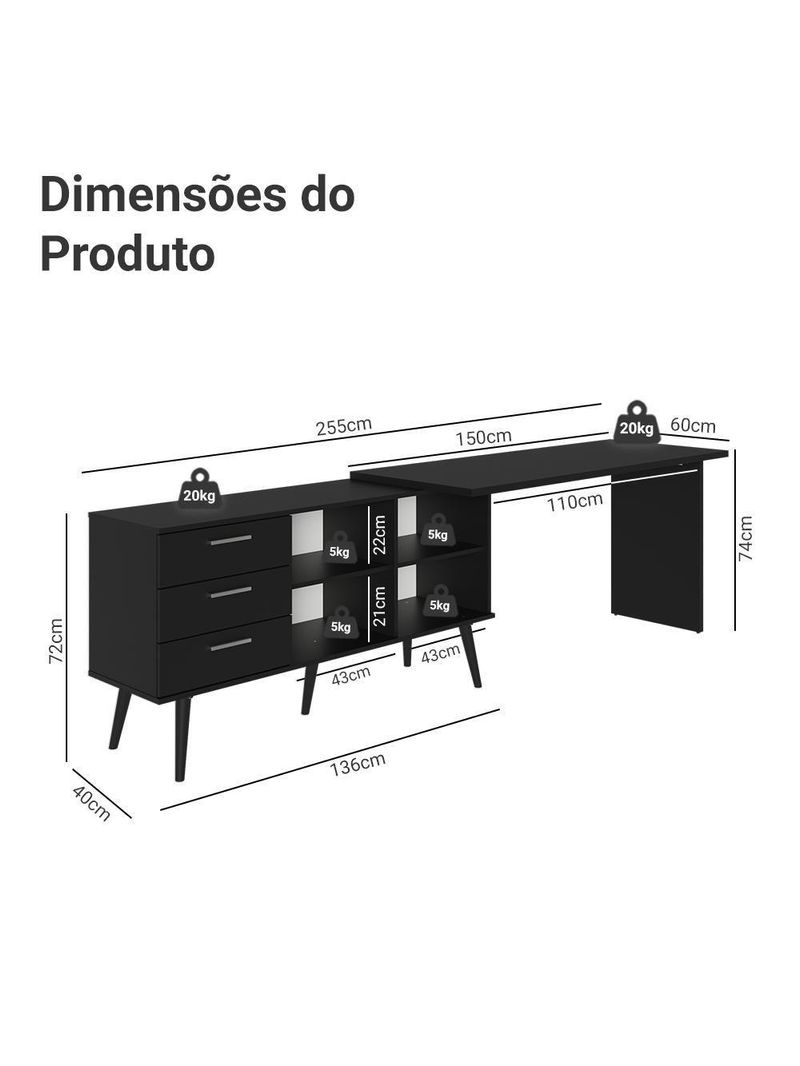 Escrivaninha Em L Mesa Para Computador Gamer 3 Gavetas Preto Lisboa Madesa