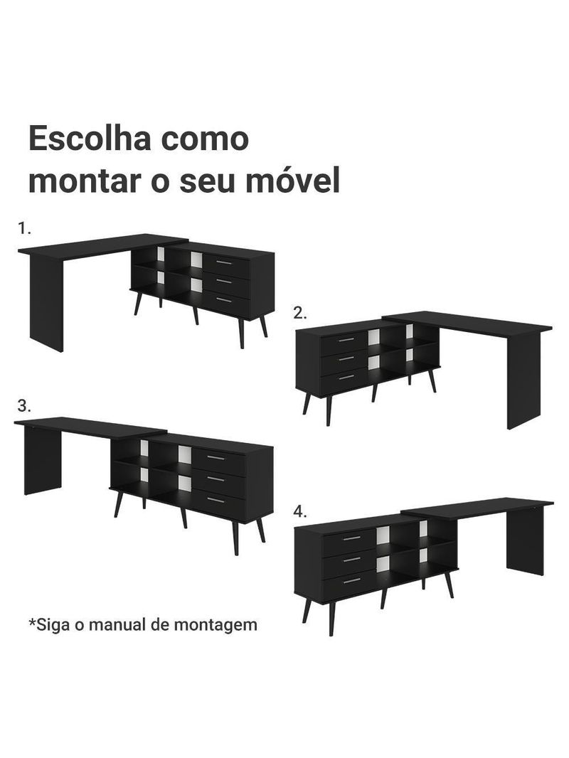 Escrivaninha Em L Mesa Para Computador Gamer 3 Gavetas Preto Lisboa Madesa