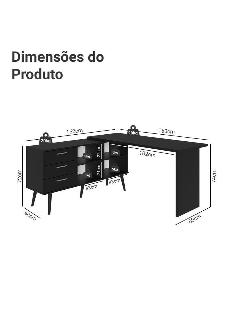 Escrivaninha Em L Mesa Para Computador Gamer 3 Gavetas Preto Lisboa Madesa
