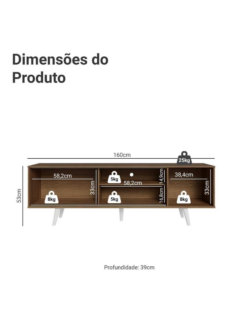 Rack Para Tv Até 80 Polegadas 160cm Com Pés Rustic/branco Torino Madesa Rustic/branco