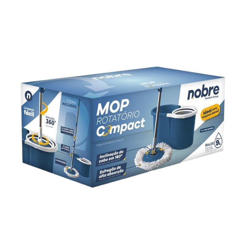 Conjunto Mop Rotatório Compact 9l Balde Com Cesto Plástico E 1 Refil Azul Petróleo - Nobre