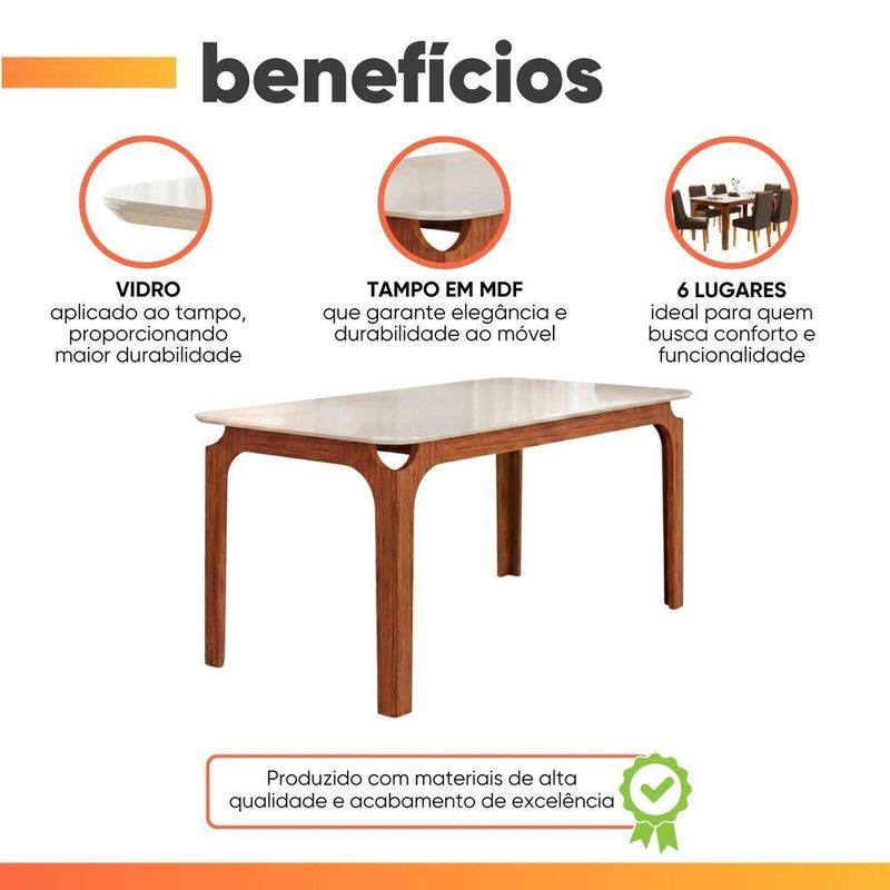 Mesa Sala De Jantar 1,60m Tampo Em Vidro Madeirado-off White