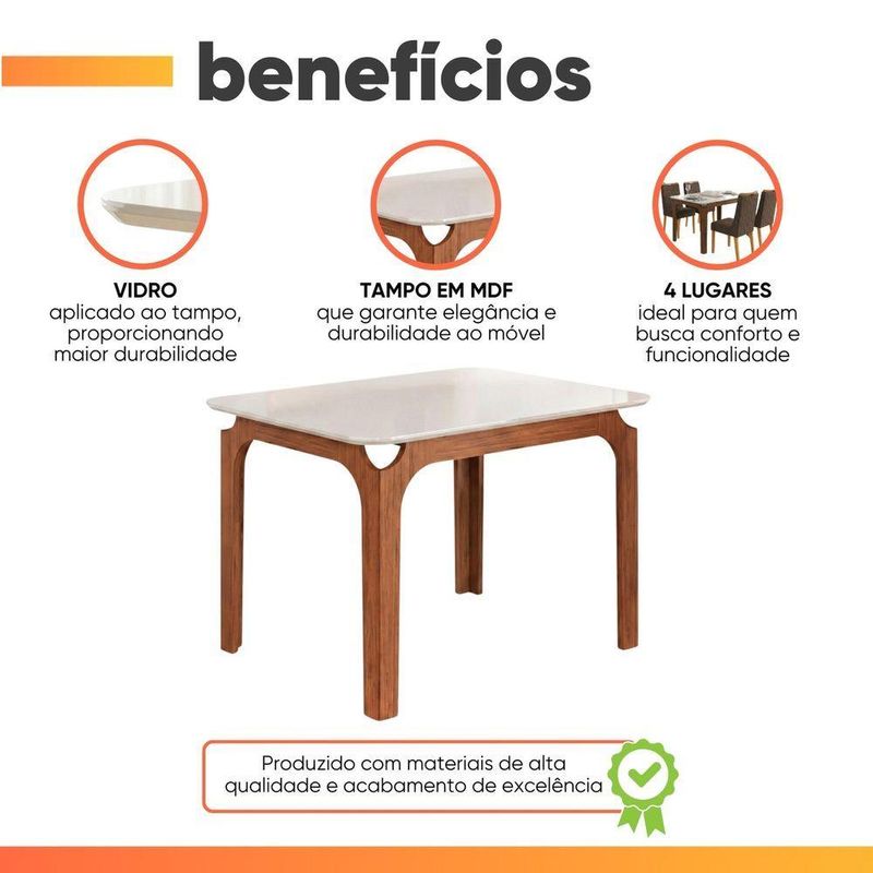 Mesa Sala De Jantar 1,20m Tampo Em Vidro Madeirado-off White