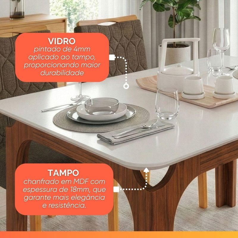 Mesa Sala De Jantar 1,20m Tampo Em Vidro Madeirado-off White