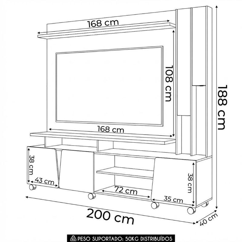 Estante Painel Tv 70 Pol 200cm Com Led Virtus Cinamomo/off - Hb Móveis