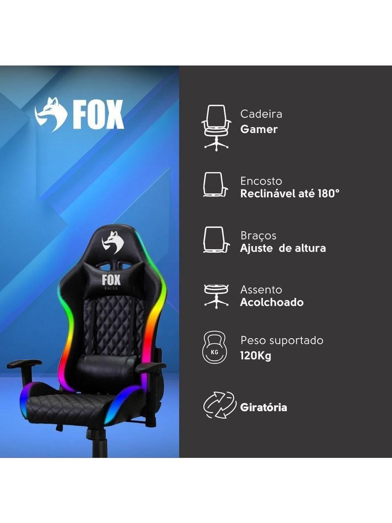 Cadeira Gamer Fox Racer Rgb Com Iluminação Led Preta UT-C1583L