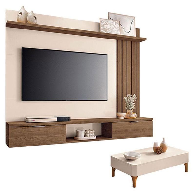 Painel Suspenso Lets Castanho Off White Com Mesa De Centro Liz Off White - Hb Móveis