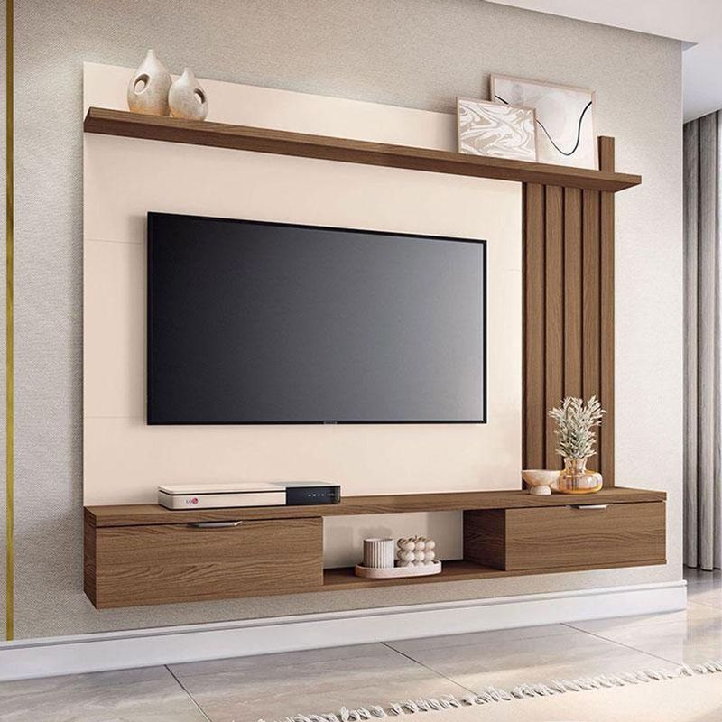 Painel Suspenso Lets Castanho Off White Com Mesa De Centro Liz Off White - Hb Móveis