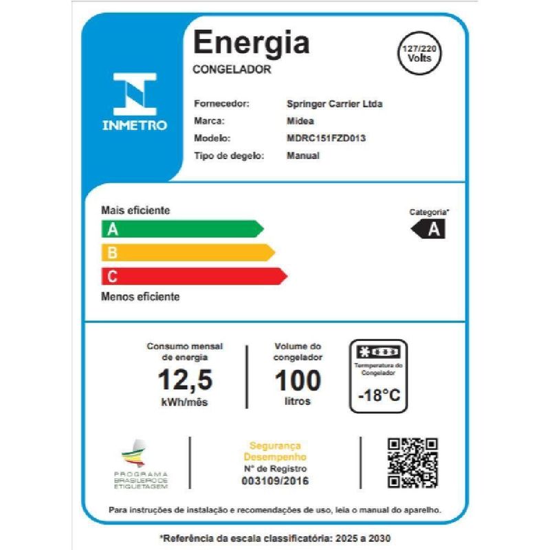 Freezer Midea Horizontal 100L 1 Porta Branco Bivolt (MDRC151FZD013)