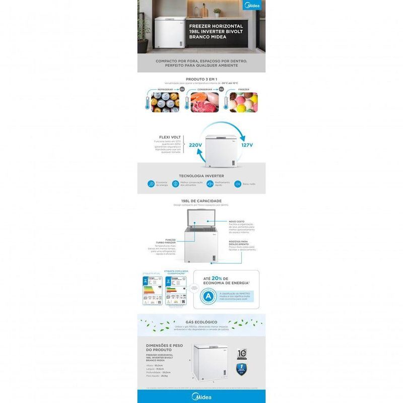 Freezer Midea Horizontal 198L 1 Porta Branco Bivolt (MDRC280SFZ013)
