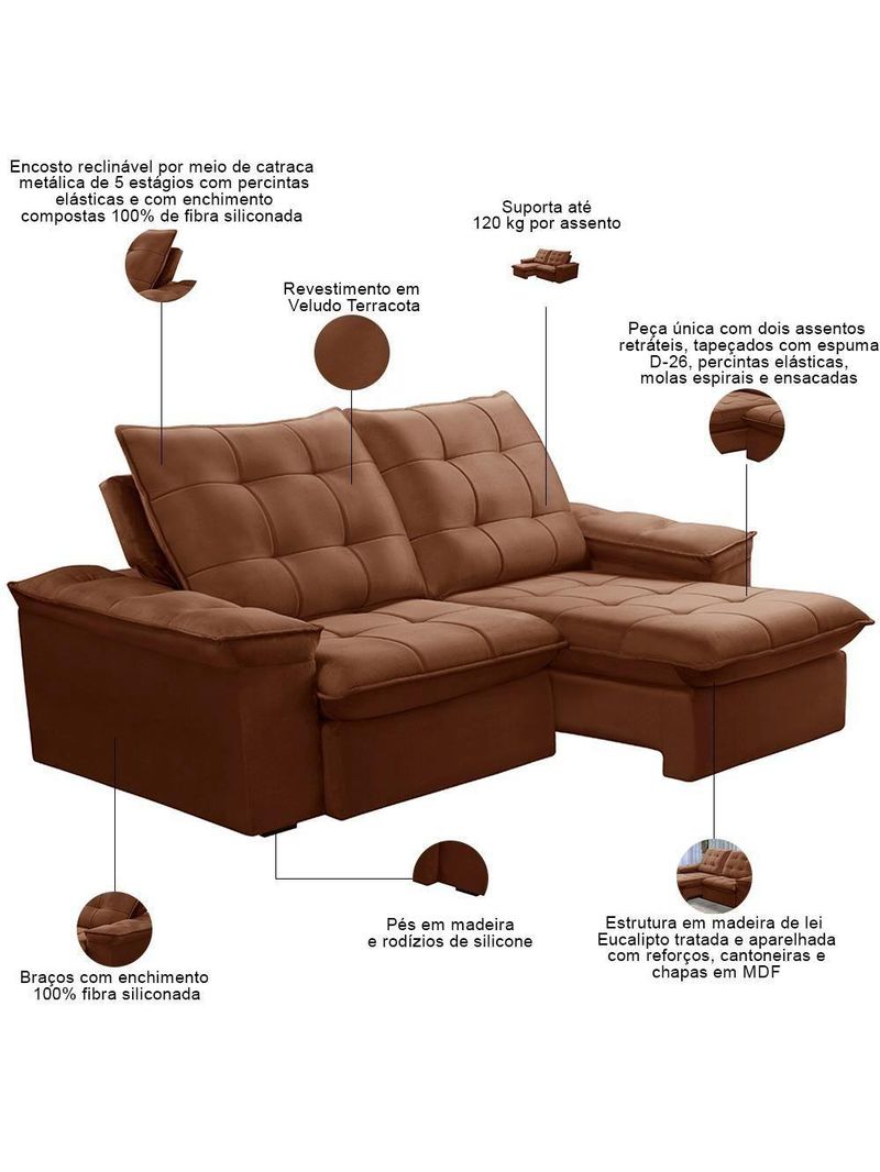 Sofá Retrátil Reclinável Para Sala 3 Lugares 230cm Nijma F04 Veludo Terracota - Lyam Decor
