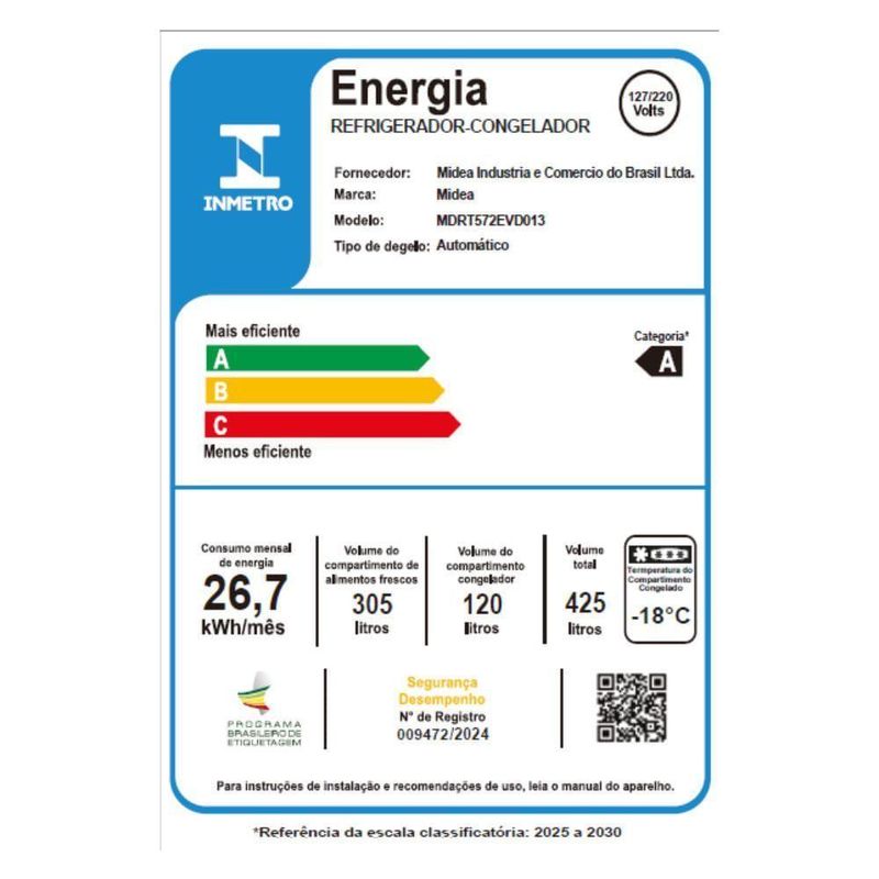 Geladeira Frost Free Duplex 425L Inverter Branca Midea MDRT572EVD013 Bivolt