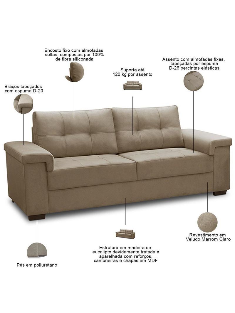 Sofá 3 E 2 Lugares Para Sala De Estar Living Allon F04 Veludo Marrom Claro - Lyam Decor