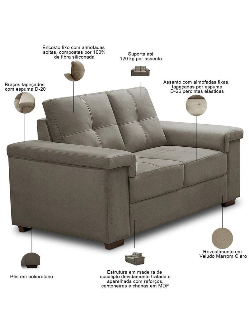 Sofá 3 E 2 Lugares Para Sala De Estar Living Allon F04 Veludo Marrom Claro - Lyam Decor