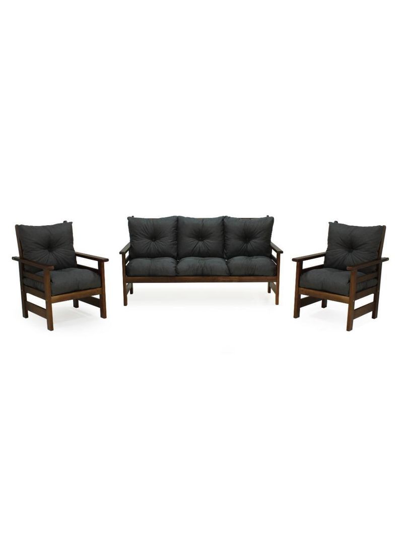 Conjunto Sofá Havaí 3 Lugares + 2 Poltronas De Madeira Com Almofadas Confortáveis - Cinza