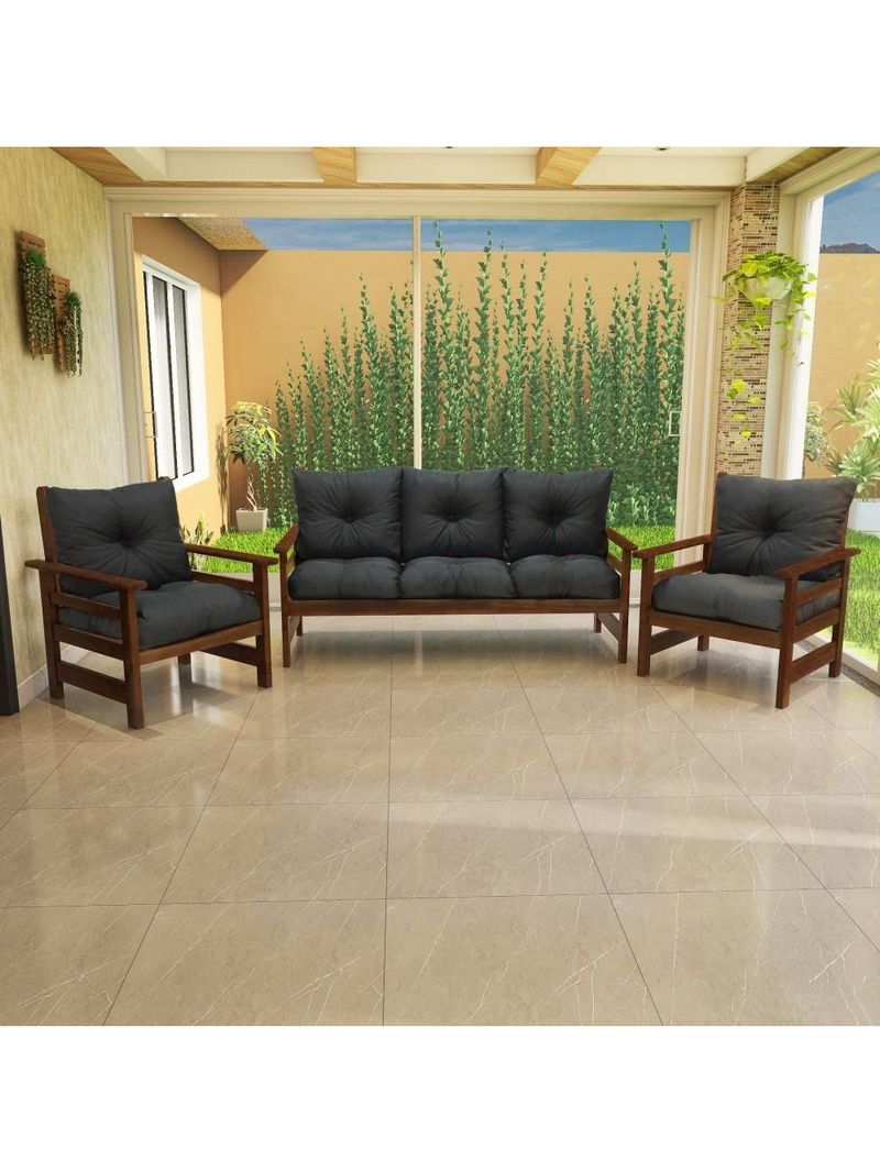 Conjunto Sofá Havaí 3 Lugares + 2 Poltronas De Madeira Com Almofadas Confortáveis - Cinza