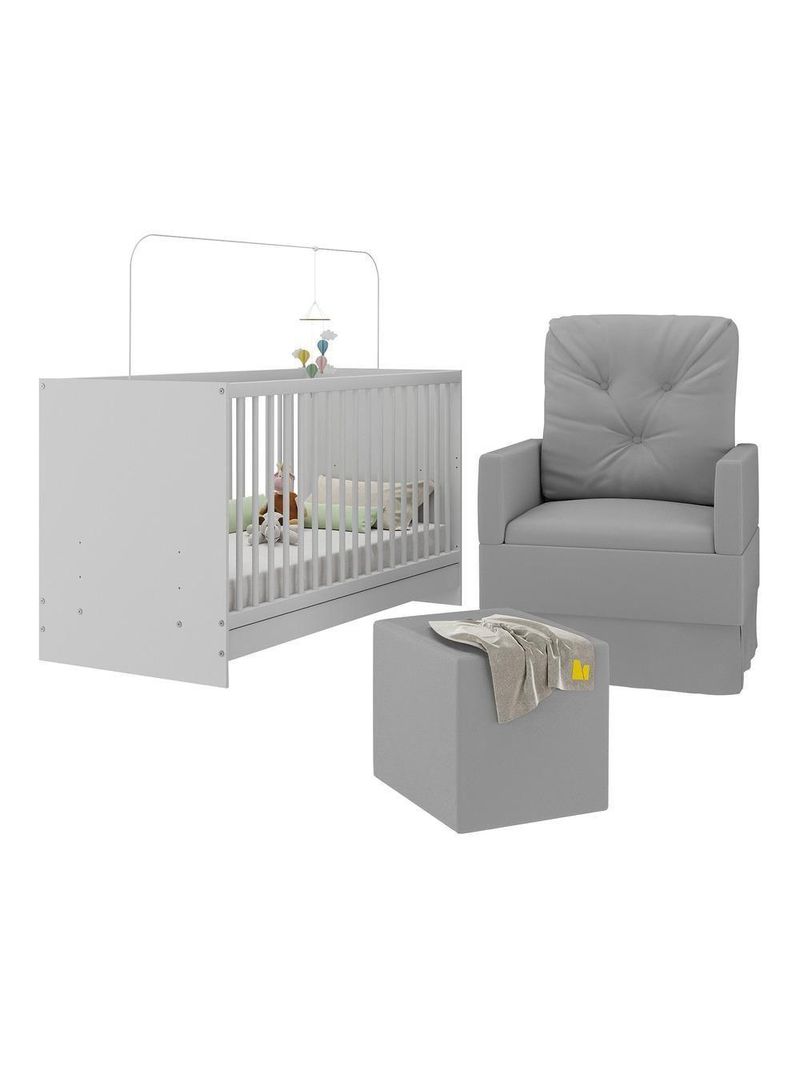 Berço 3 Em 1 Com Poltrona Amamentação e Puff Mp4142 Branco-cinza