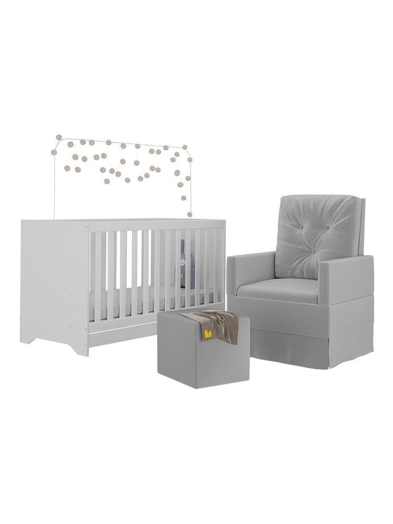 Berço 3X1 Com Colchão Incluso Poltrona De Amamentação E Puff Mp4100 Branco/Cinza