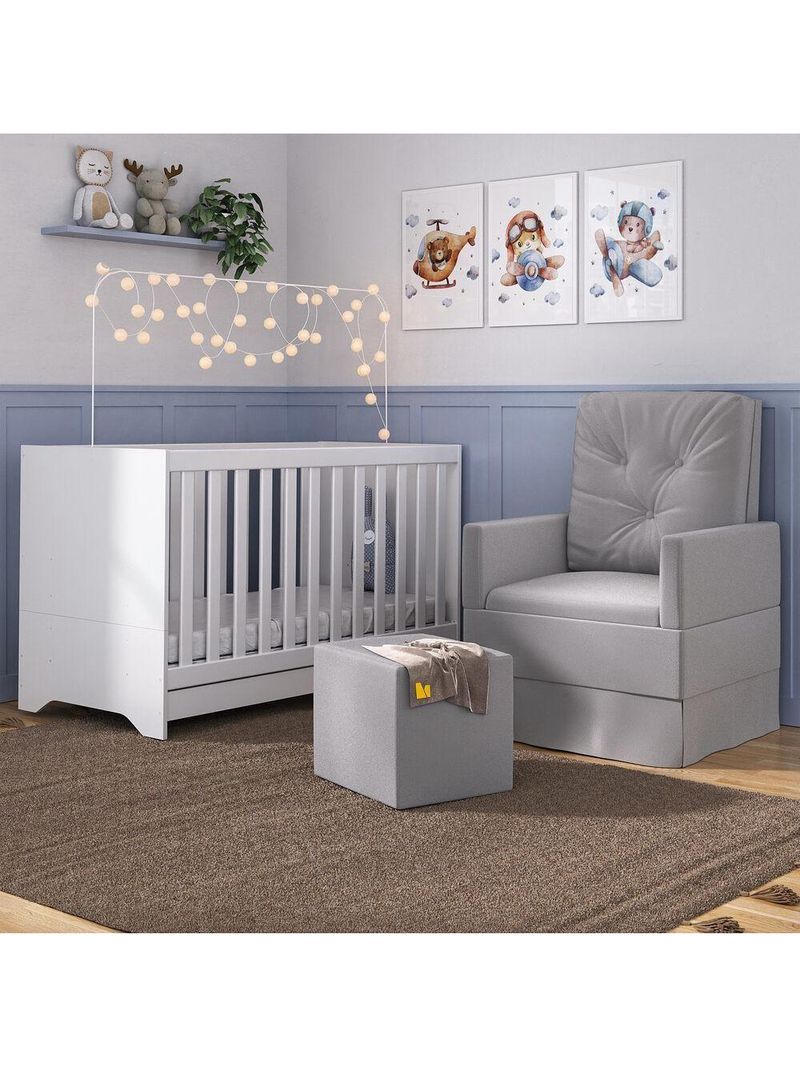 Berço 3X1 Com Colchão Incluso Poltrona De Amamentação E Puff Mp4100 Branco/Cinza