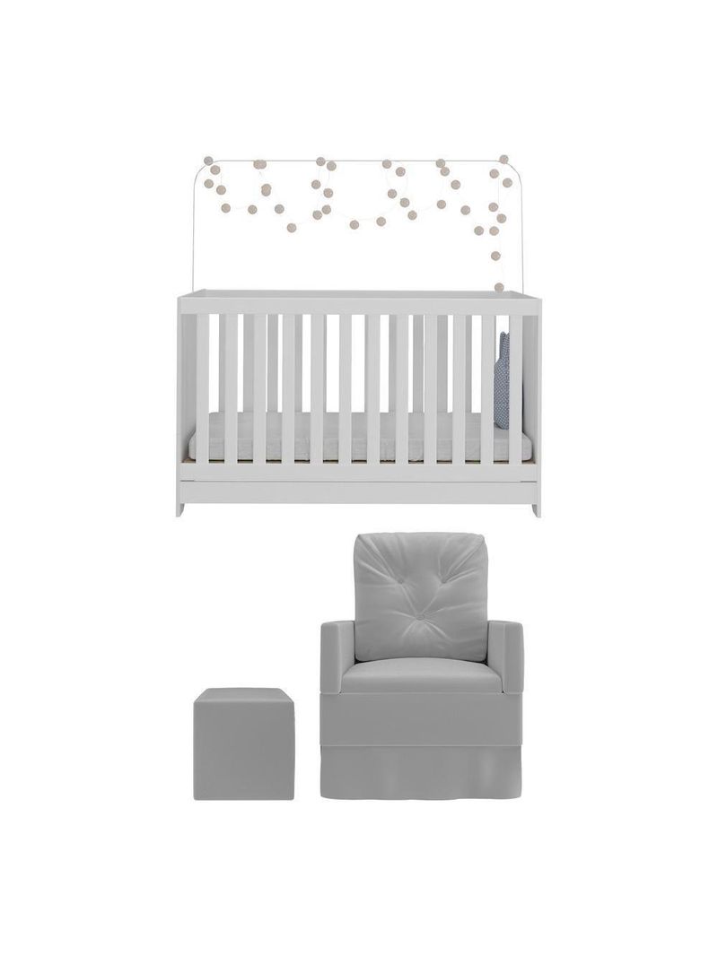 Berço 3X1 Com Colchão Incluso Poltrona De Amamentação E Puff Mp4100 Branco/Cinza
