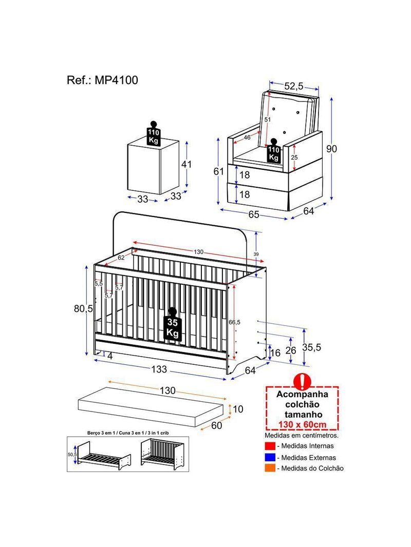 Berço 3X1 Com Colchão Incluso Poltrona De Amamentação E Puff Mp4100 Branco/Cinza