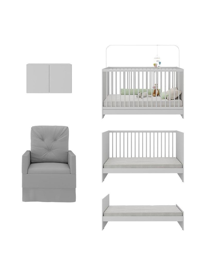 Berço 3 Em 1 Com Poltrona Amamentação e Armário Aéreo 2 Portas Mp4147 Branco-cinza