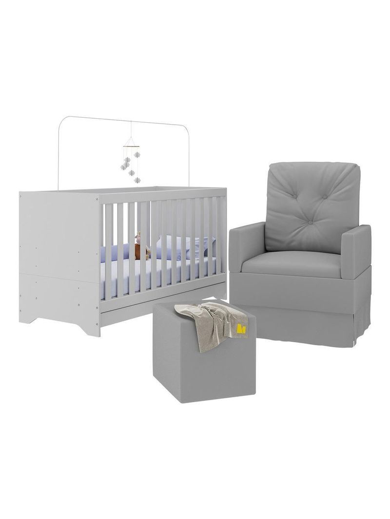 Berço 3 Em 1 Com Colchão Poltrona Amamentação E Puff Multimóveis Mp4160 Branco/cinza Branco/cinza