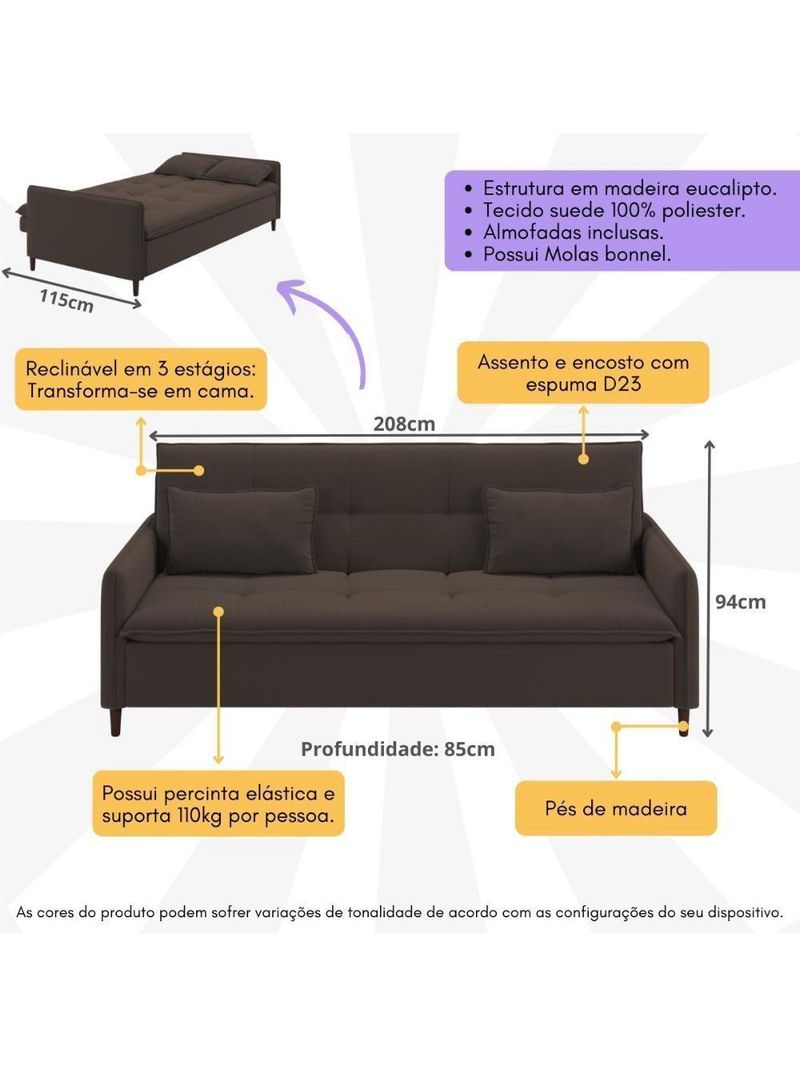 Sofá Cama Reclinável 3 Lugares E Almofadas Inclusas Multimóveis Cr45239 Marrom Marrom