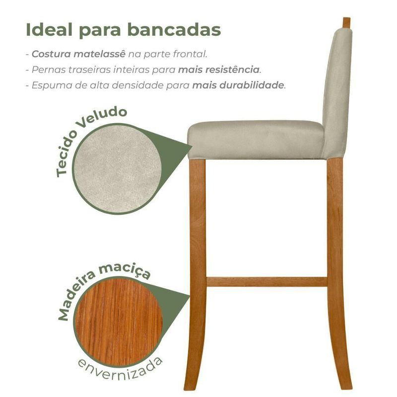 Banqueta Alta Para Cozinha De Madeira Maciça Estofada Com Encosto Multimóveis Cr15018 Madeirado-Bege