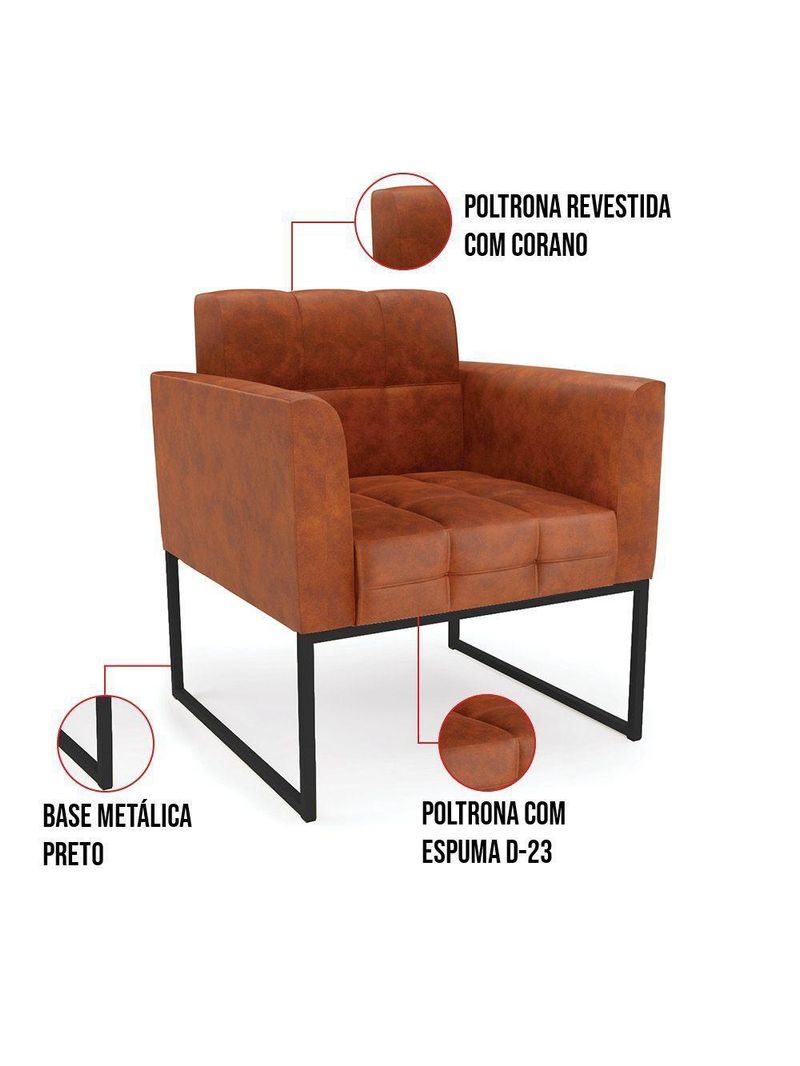 Kit 1 Sofá Namoradeira E 2 Poltronas Elisa Corano Base Metálica Industrial Preto - D'rossi Cor Nozes