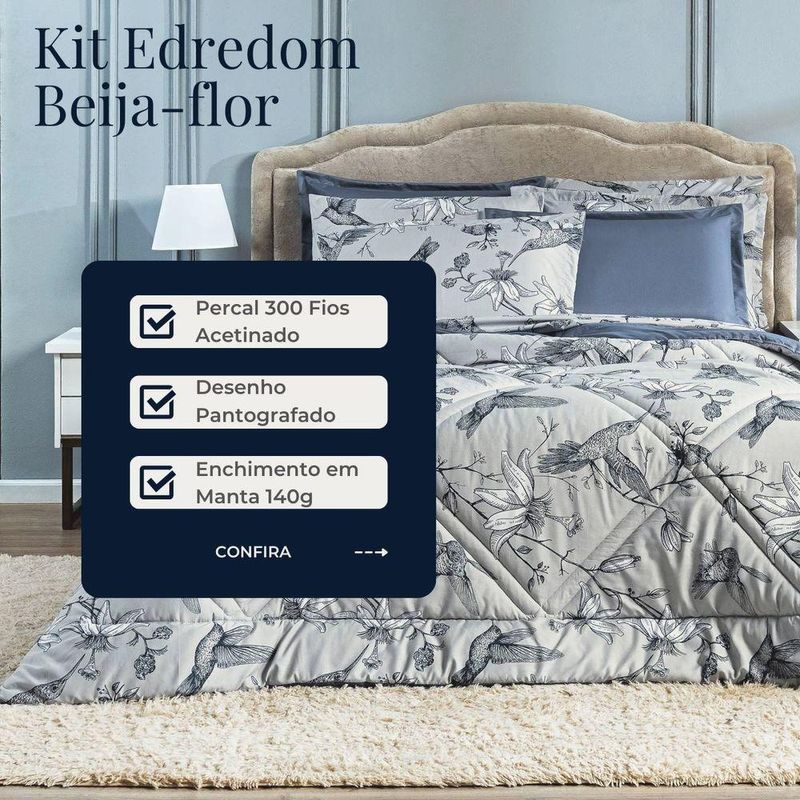 Kit Edredom Beija-flor Azul/cinza Com Fronhas Casal Padrão 03 Peças - Dupla Face Estampado Percal 300 Fios Acetinado